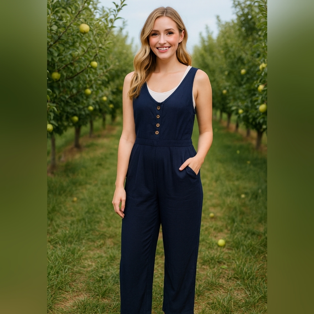 Blue linen sleeveless jumpsuit -Size S (4-6)